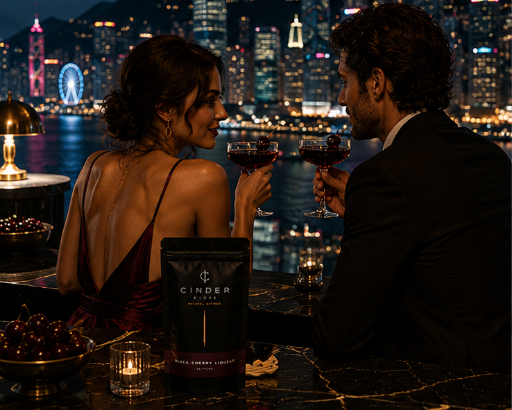 Cinder Pick packaging in a romantic setting with a city skyline.