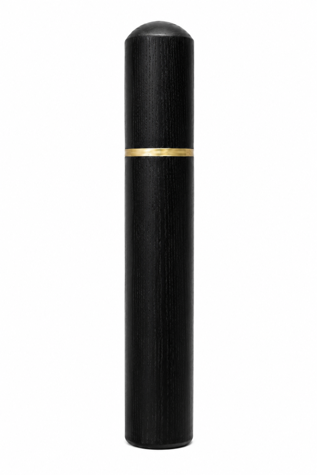 A sleek, black cylindrical cosmetic container with a textured wood grain finish, a rounded dome cap, and a thin horizontal gold band around the middle, isolated on a white background.