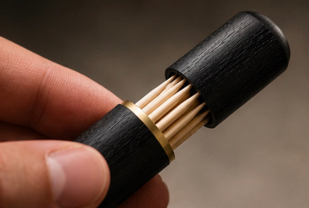 A close-up of a hand holding a black wooden  Cinder Picks holder with a gold band and birchwood Cinder Picks visible inside.