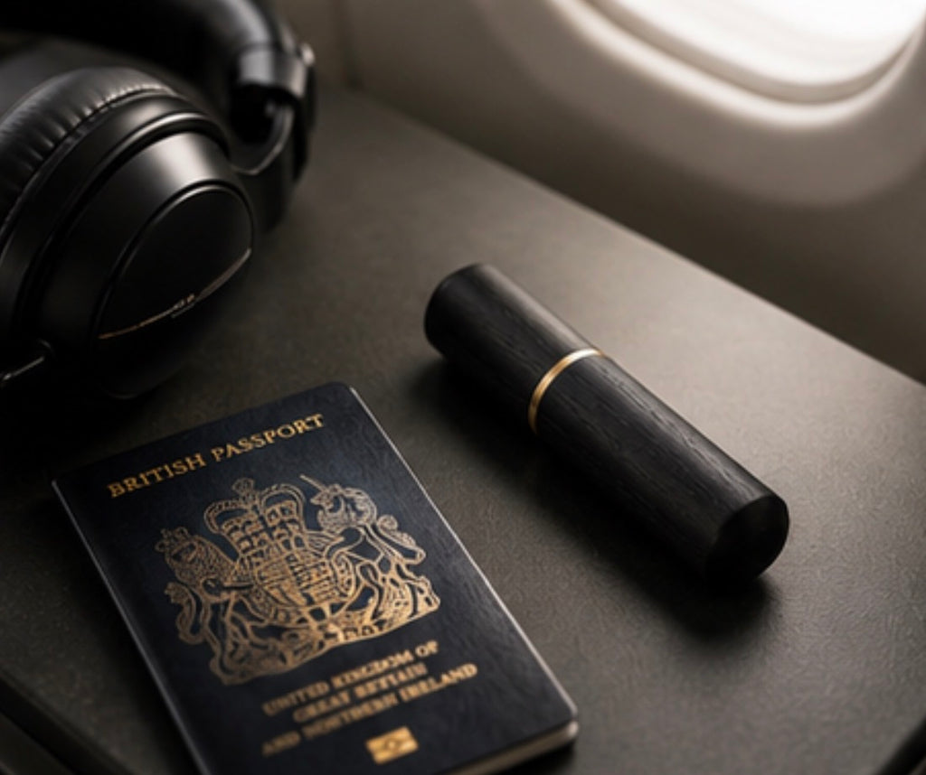 A black cylindrical  Cinder Picks flavoured toothpick holder with a gold band lies on a plane tray table beside a British passport, black over-ear headphones, and an airplane window.