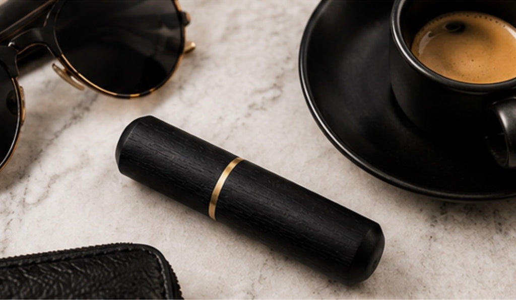 A black cylindrical Cinder Picks toothpick holder with a gold band, lying on a light marble surface next to sunglasses, a black coffee cup, and a black textured pouch.