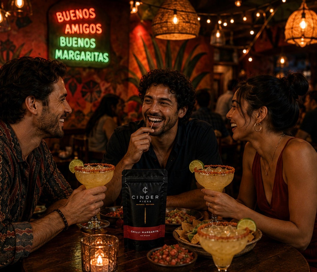 Three people enjoying margaritas in a lively bar setting with neon signs and warm lighting.