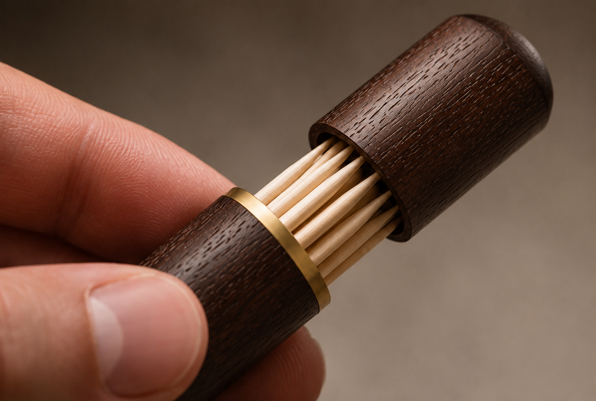 A close-up of a hand holding a dark brown wooden toothpick case with a gold band and light wood toothpicks visible inside, against a soft neutral background.
