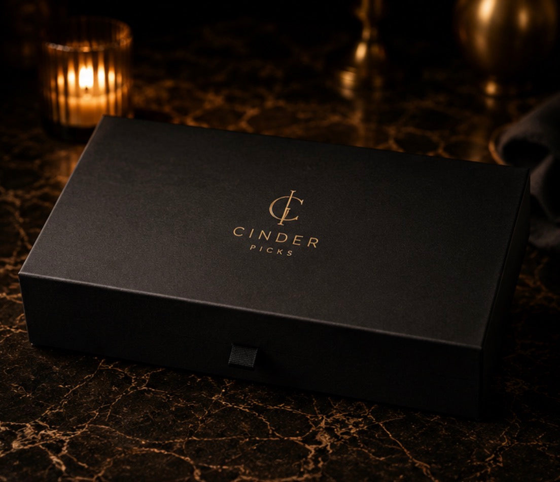 Black box with 'Cinder Picks' logo on a textured surface with candles in the background