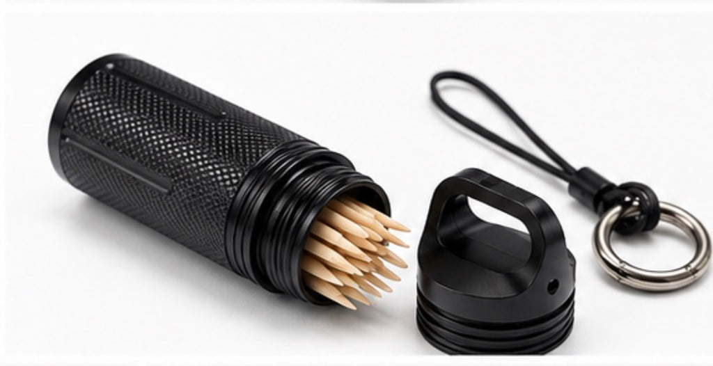 A black textured Cinder Picks flavoured toothpick container shown open with birchwood toothpicks inside, alongside its black cap and a black keychain ring on a white background.