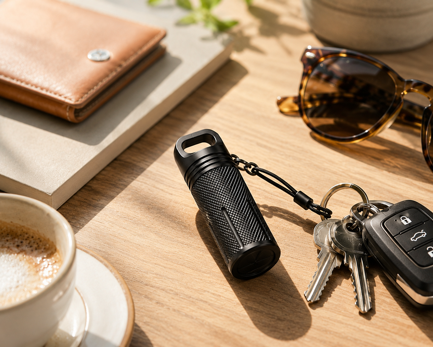 A black cylindrical Cinder Picks keychain with a textured grip and a key ring, shown on a wooden table alongside car keys, sunglasses, a wallet, a book, and a cup of coffee in warm natural sunlight.