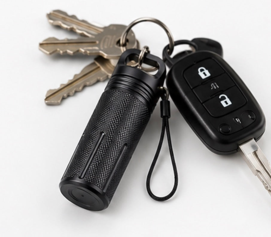 A black cylindrical Cinder Picks flavoured toothpick keychain with a textured grip and wrist strap, shown on a keyring with metal keys and a black car key fob on a white background.