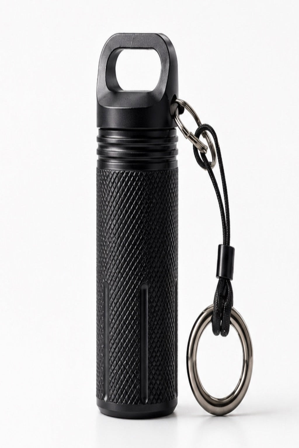 A black textured cylindrical Cinder Picks flavoured toothpick container with a loop handle on top, attached to a black lanyard and metal key ring, shown on a clean white background.
