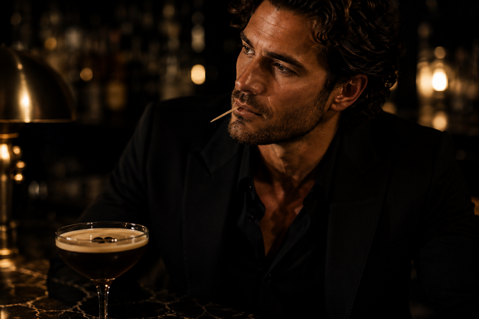 Man sitting at a bar with a cocktail and a Cinder Pick in his mouth, dimly lit ambiance