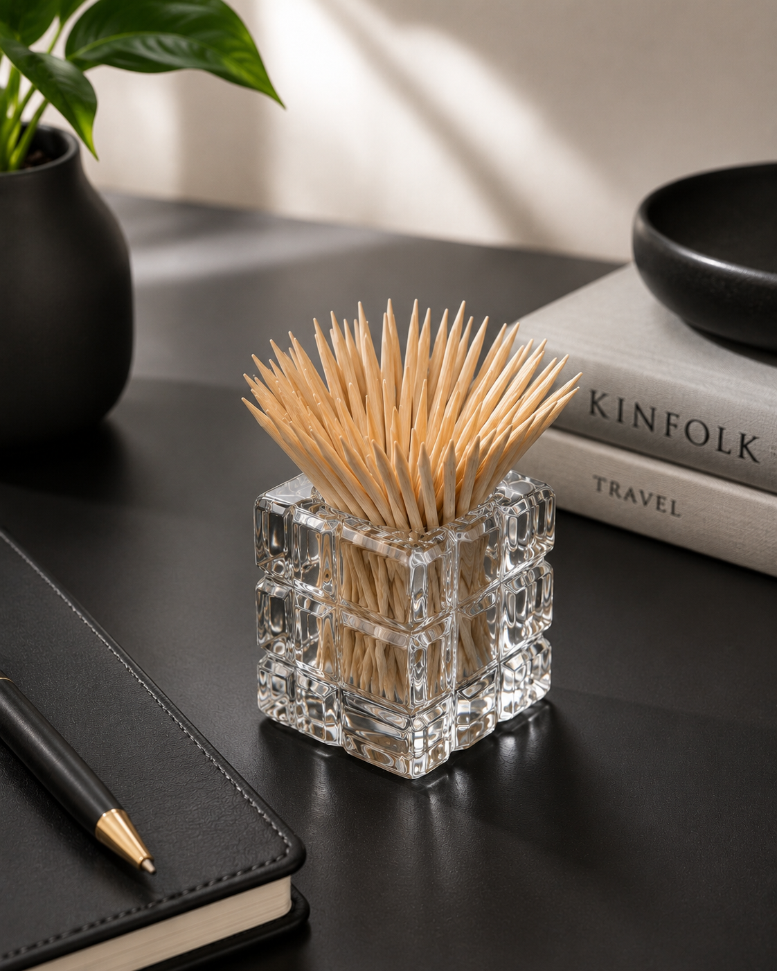 A clear glass cube toothpick holder filled with flavoured toothpicks, styled on a dark tabletop with a notebook, pen, books, and a plant in the background.