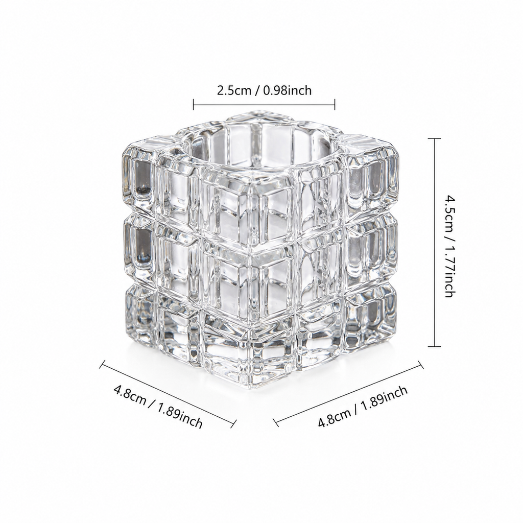 A clear glass cube-shaped flavoured toothpick holder with dimension labels