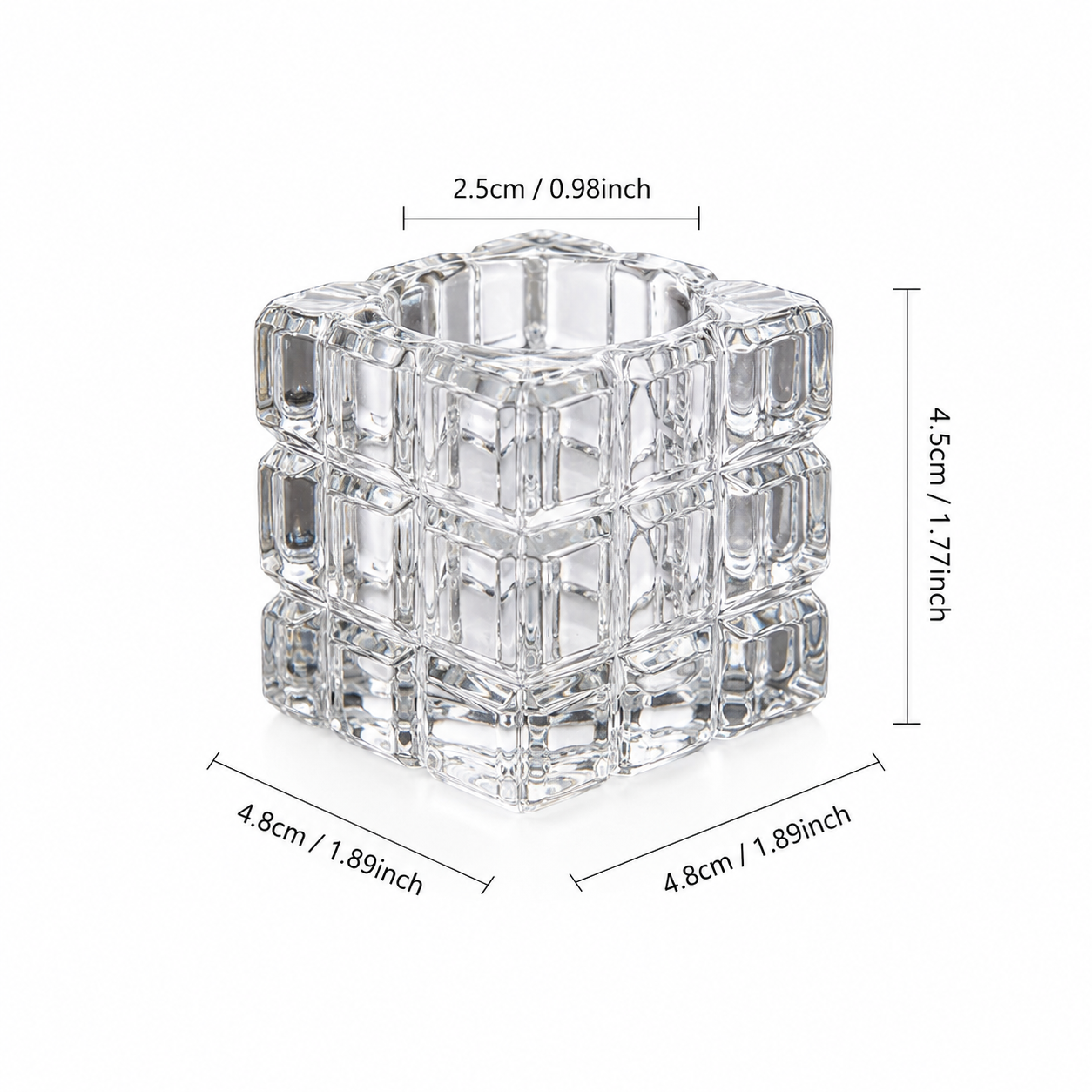 A clear glass cube-shaped flavoured toothpick holder with dimension labels