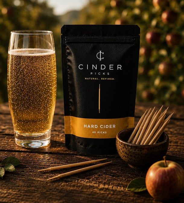 Cinder Picks pouch with a glass of hard cider on a wooden surface
