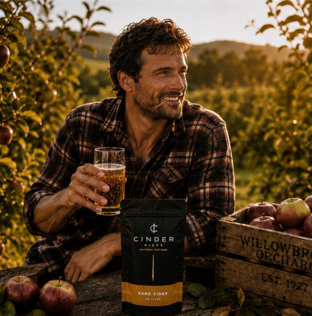 Man sitting in an orchard holding a glass of cider with a 'Cinder Picks' pouch of Hard Cider and crate of apples.
