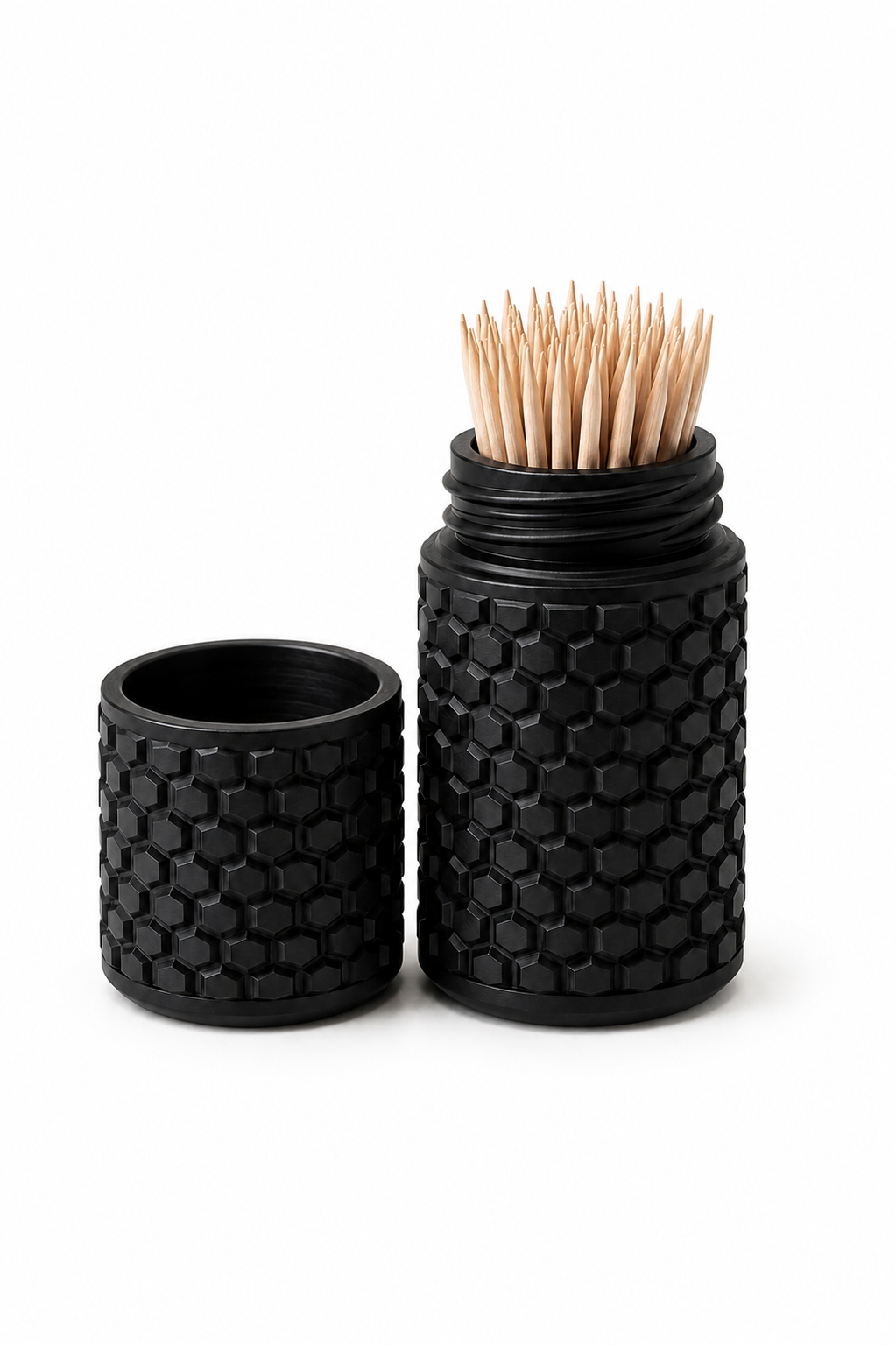A black textured toothpick container with a matching cap, shown open with wooden toothpicks inside on a white background.