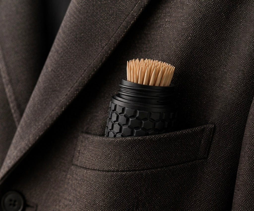 A close-up of a black toothpick holder with light wood toothpicks tucked into the breast pocket of a dark brown textured suit jacket.