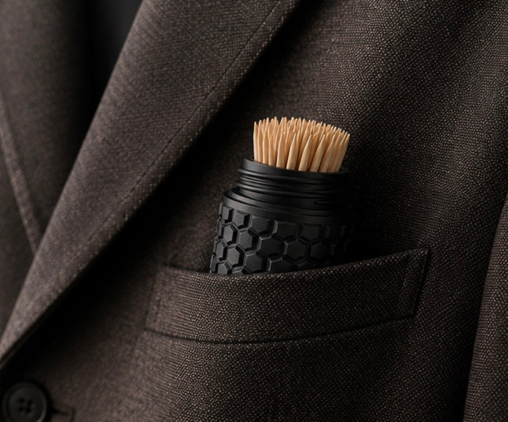 A close-up of a black toothpick holder with light wood toothpicks tucked into the breast pocket of a dark brown textured suit jacket.