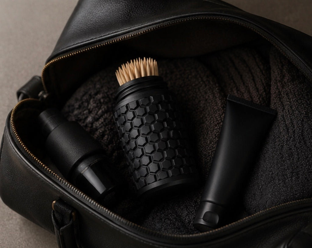 A black leather zippered travel or toiletry bag opened to reveal several black grooming or personal care items inside, including a textured cylindrical toothpick holder, a black bottle, and a black tube, set against a neutral grey background.