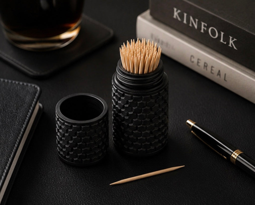A black textured toothpick container set with one cap removed, shown open with wooden toothpicks inside on a dark tabletop. A pen, books, and a glass are placed around it as styled props.