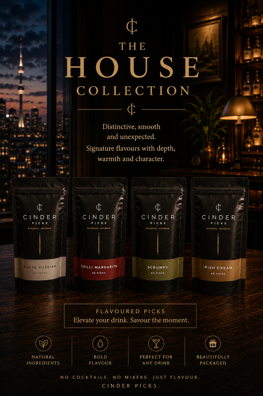 Cinder Picks packaging with 'The House Collection' branding against a cityscape background.