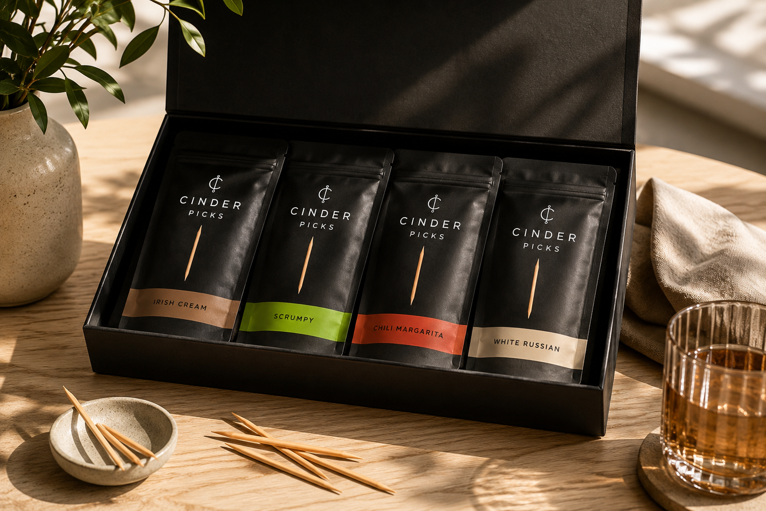 Gift box of Cinder Picks with various flavours on a wooden table.