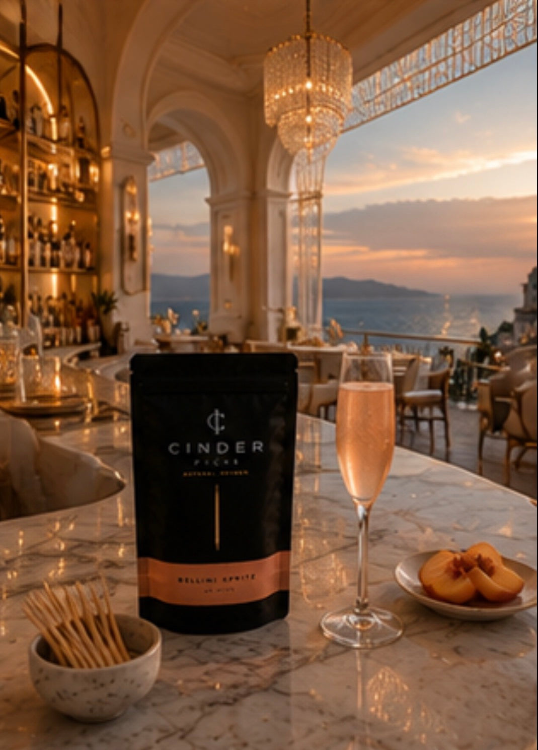 Cinder Pickle pouch on a table with a glass of bellini spritz and peaches in a restaurant setting.