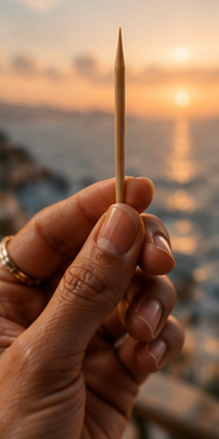 Hand holding a Cinder Pick with a sunset or sunrise over water in the background