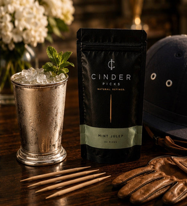 Cinder Picks packaging with a mint julep glass and other items on a wooden surface