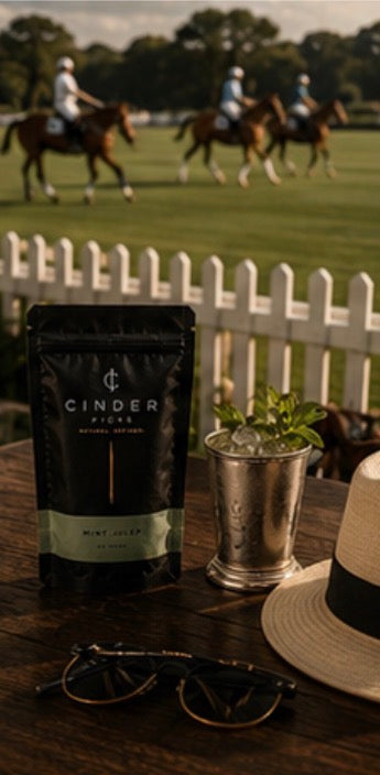 Cinder Picks pouch on a table with a polo match in the background