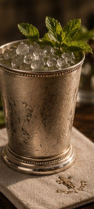 Silver mint julep cup with ice and mint leaves on a wooden surface.