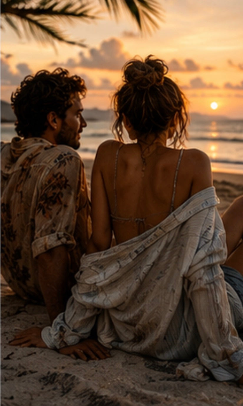 Couple sitting on a beach at sunset, enjoying each other's company.