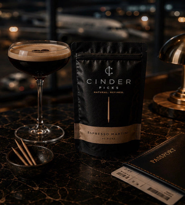 Espresso martini with a pouch of Cinder Picks on a dark surface