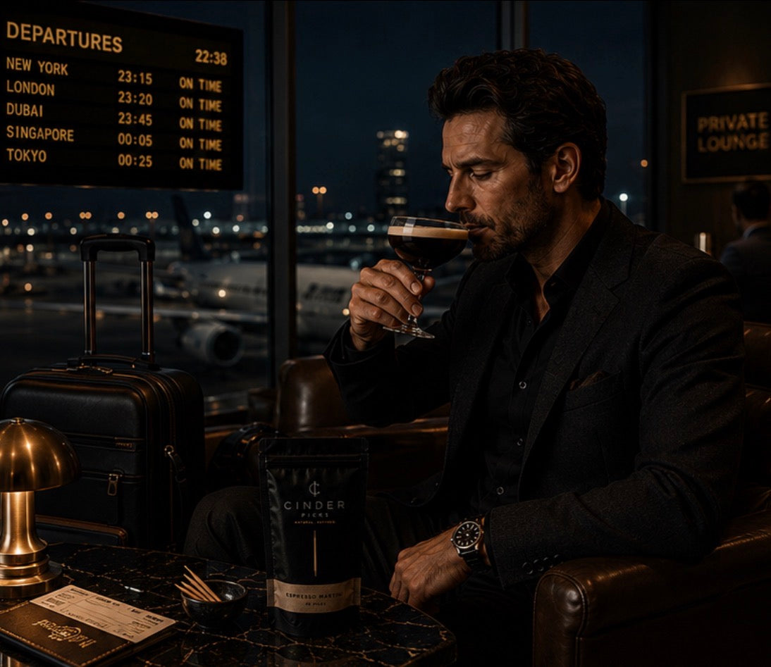 Man in a dark suit drinking an Espresso Martini cocktail in an airport lounge with a departure board in the background.