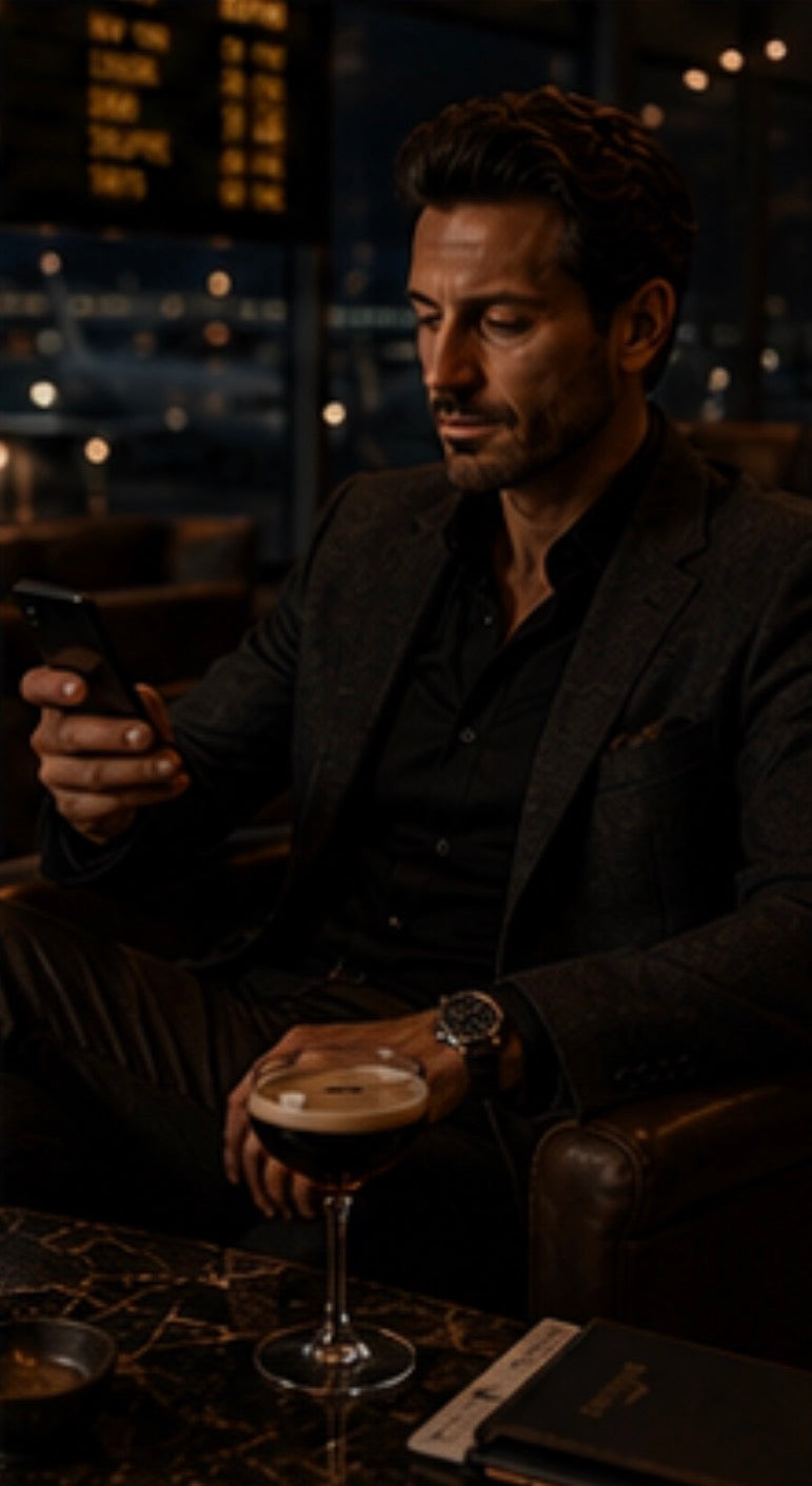 Man sitting at a bar looking at his phone with an Espresso Martini on a table in the foreground