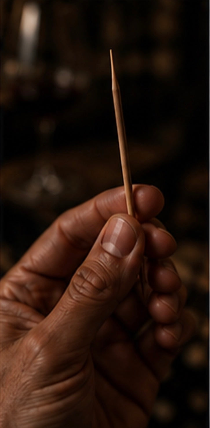 Hand holding a toothpick with a blurred background