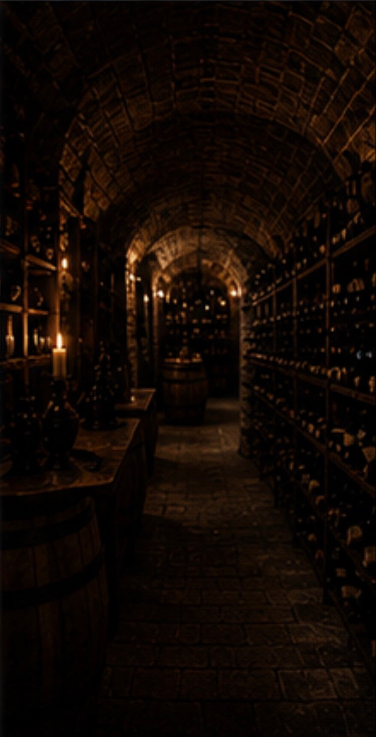 Dark wine cellar with rows of wine bottles and stone arches.