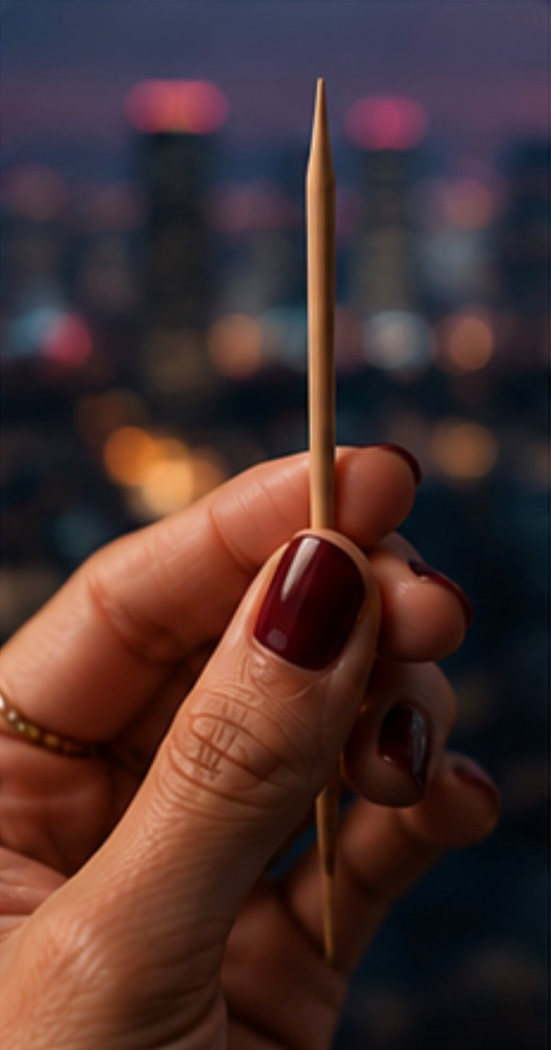 Hand holding a Cinder Pick with a blurred cityscape in the background