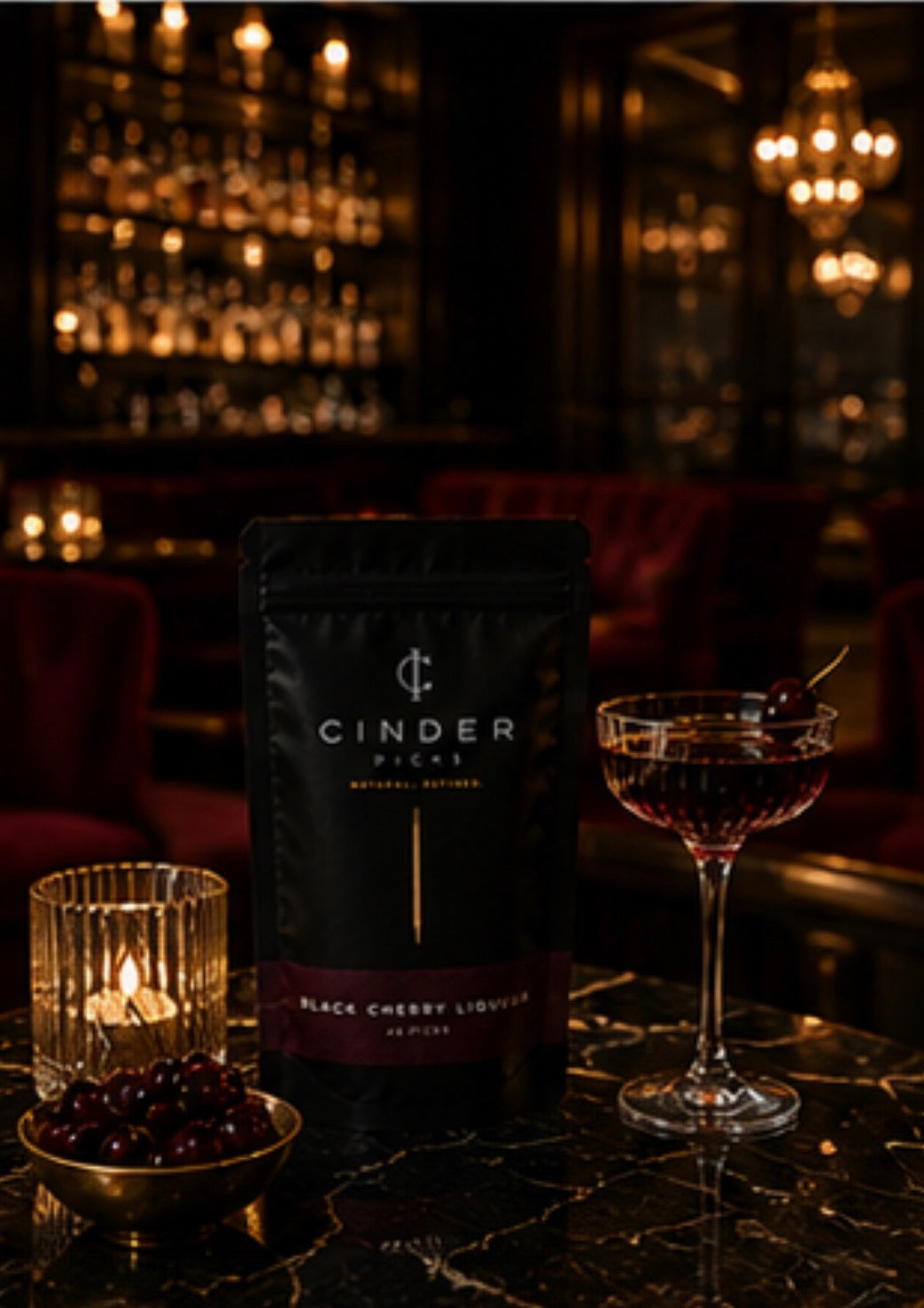 Cinder Black Cherry Liqueur package with a cocktail glass and candle in a dimly lit bar setting
