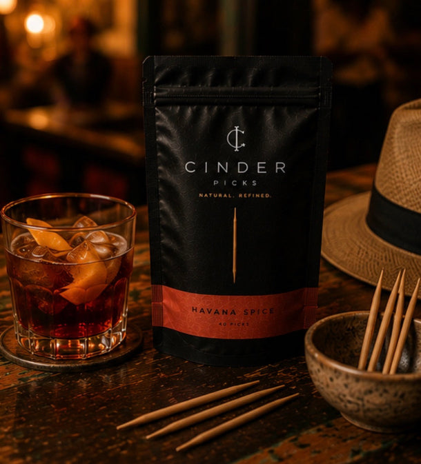 Cinder Picks Havana Spice package with a glass of iced drink and birchwood Cinder Picks on a wooden surface.