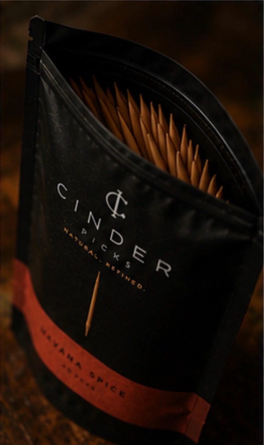 Pouch of Havana Spice toothpicks with 'Cinder Picks' branding