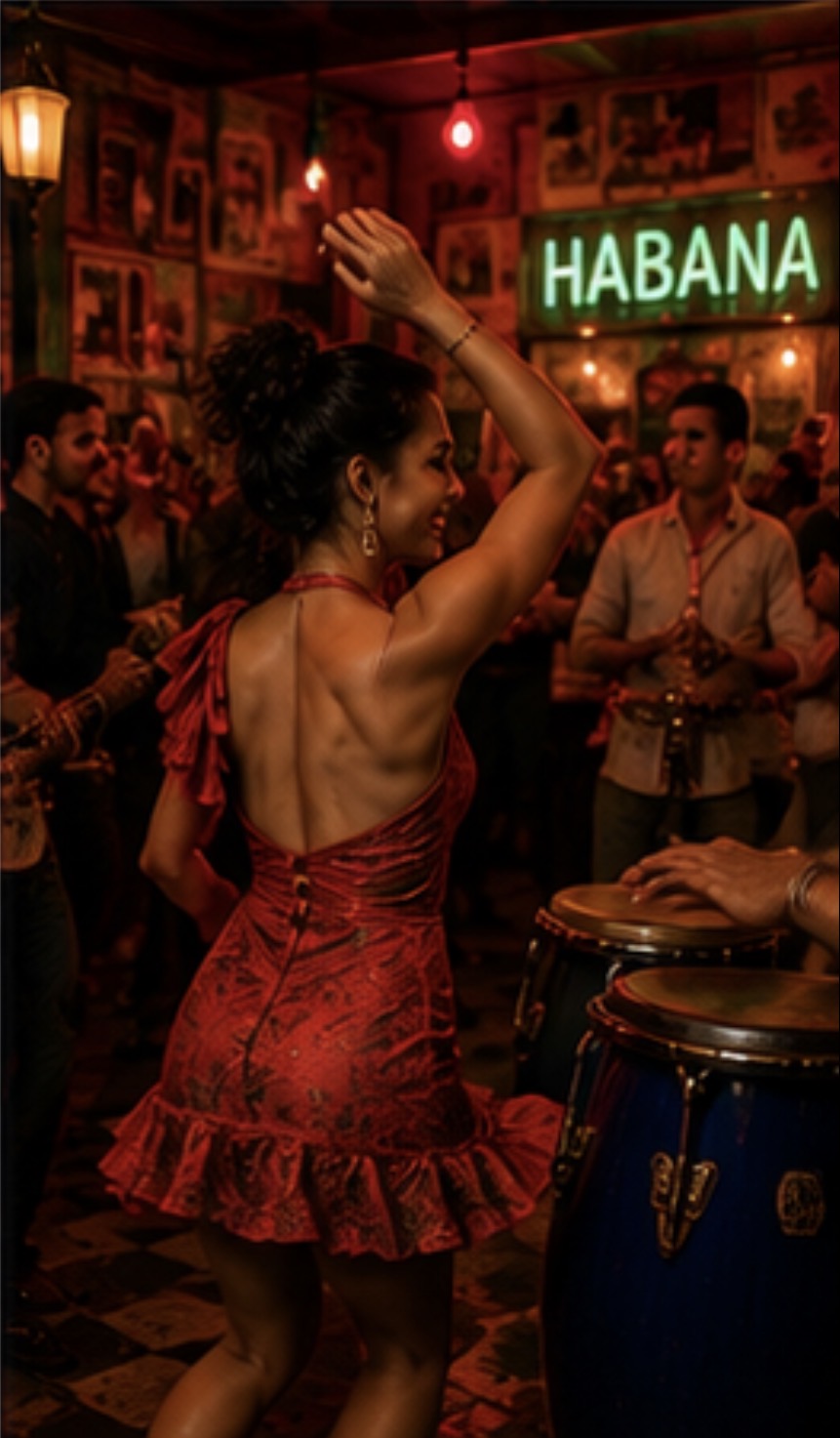 Woman in a red dress dancing salsa in a lively bar with 'Habana' neon sign.