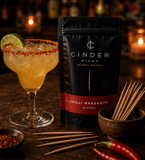 Cider Picks Chilli Margarita packaging with a cocktail and ingredients on a bar setting