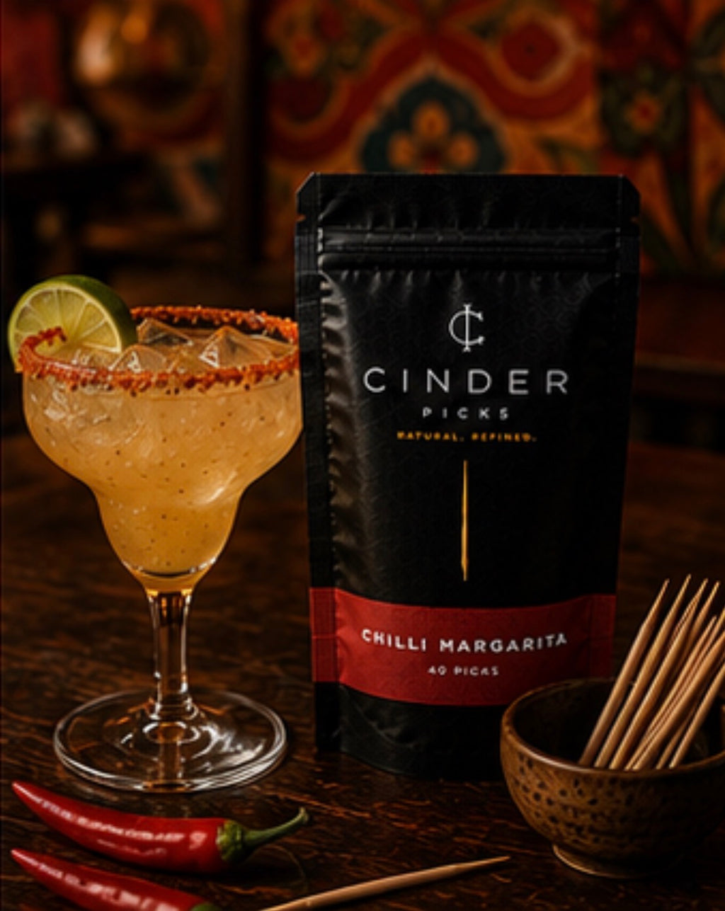 Cinder Picks Chilli Margarita package with a cocktail and chili peppers on a wooden surface.
