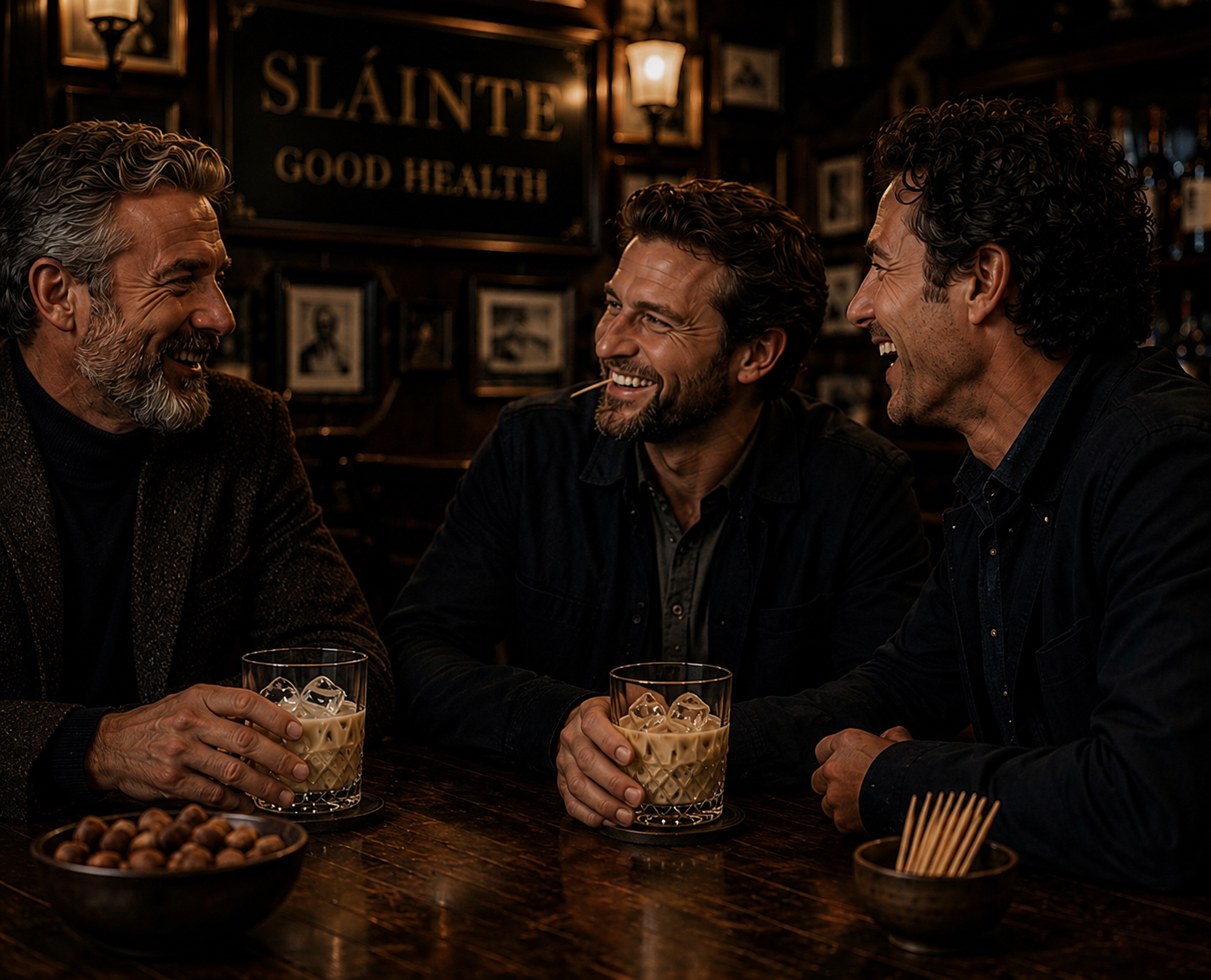 Three men sitting in a bar enjoying Irish Cream drinks with Cinder Picks