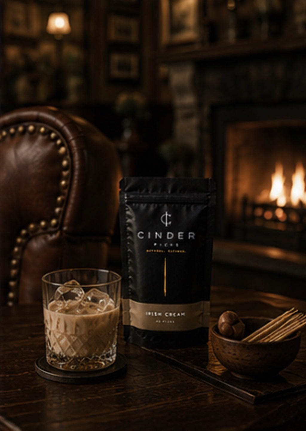 Cider Picks Irish Cream package with a glass of cream cocktail on a wooden table in front of a fireplace.