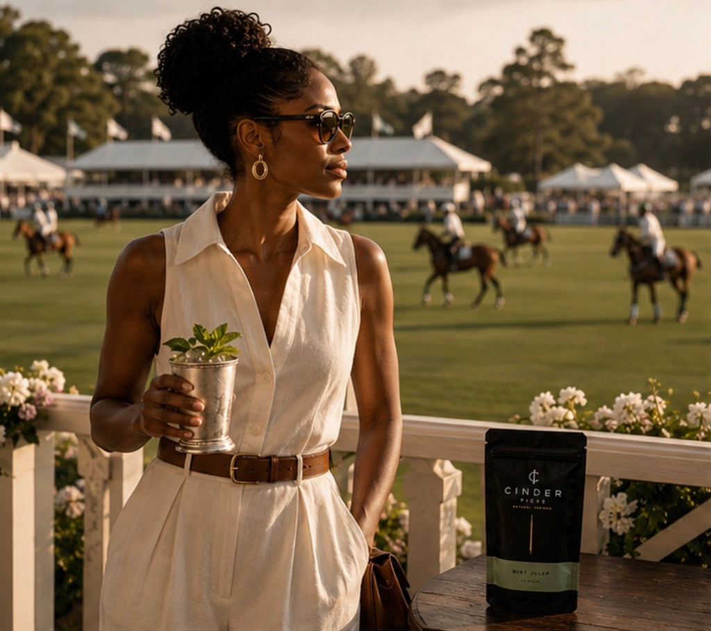 Woman in a white outfit holding a mint julep in silver cup with ice and mint, with a polo match in the background