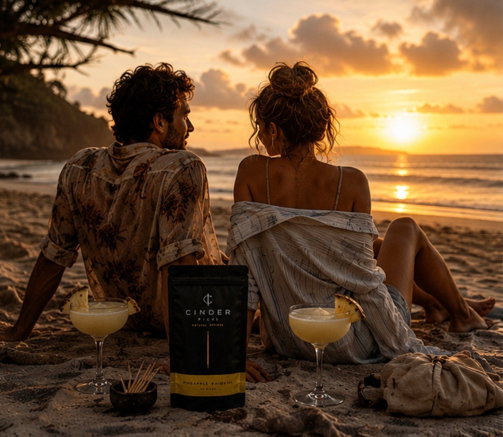 Two people sitting on a beach at sunset with drinks and a pouch of Cinder Picks.