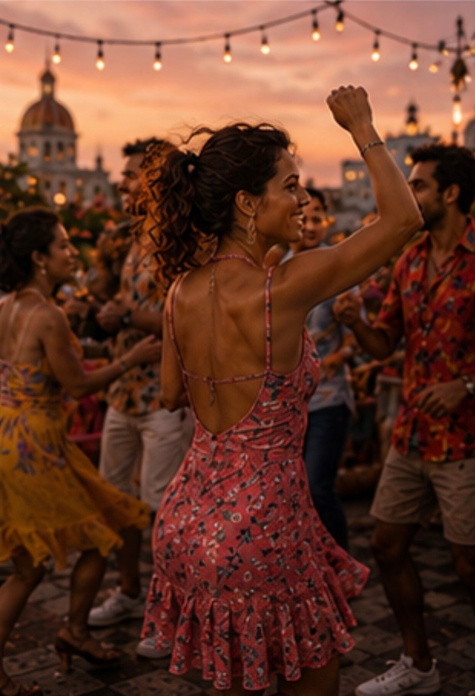 Woman in a floral dress dancing at a lively outdoor event with string lights and people in the background.