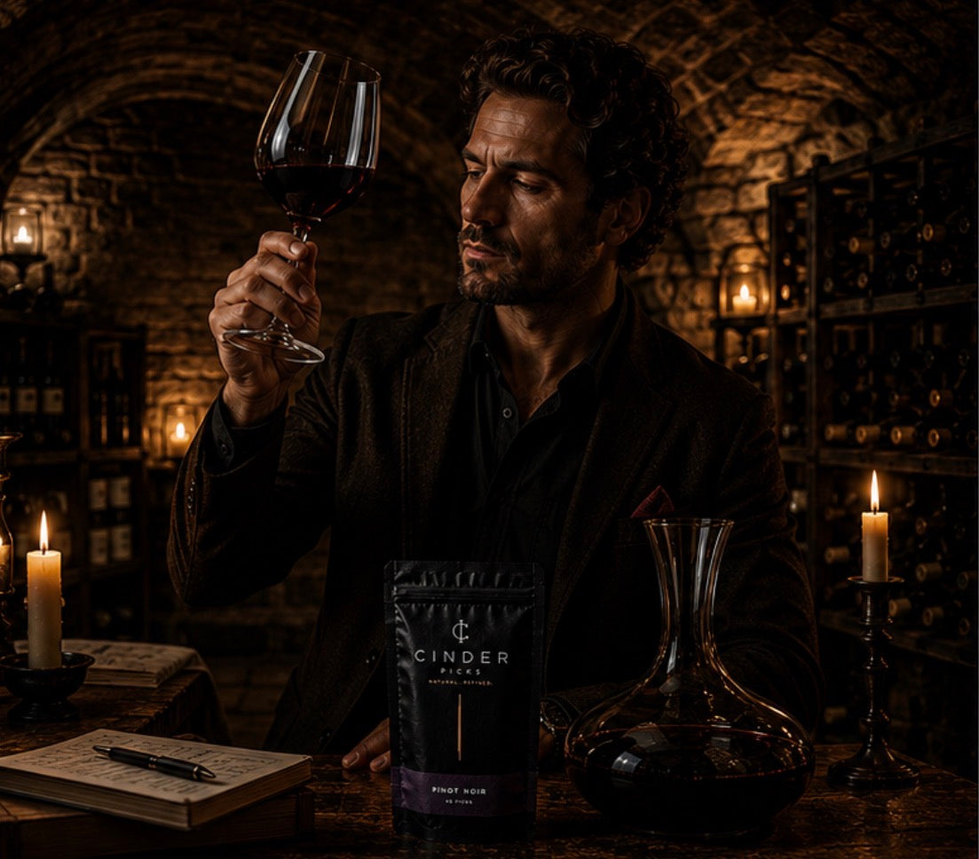 Man in a dimly lit wine cellar examining a glass of wine with a Cinder Picks pouch in the foreground.