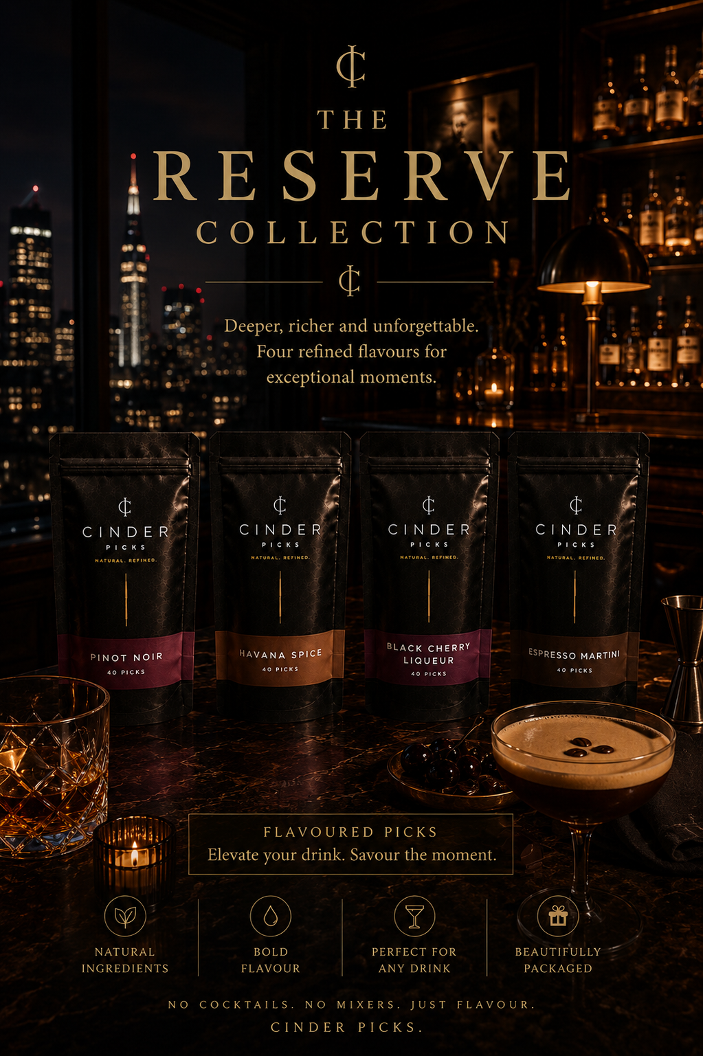 Cinder Reserve Collection packaging with a bar setting in the background